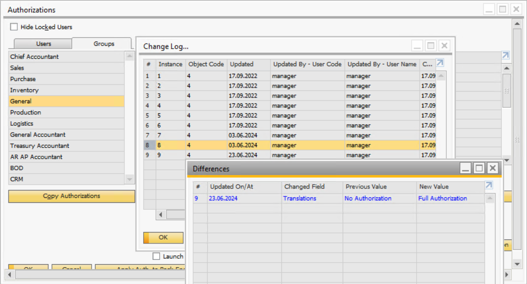 ERP SAP Business One addtional Authorization change log